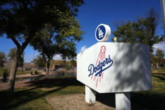 Dodgers logos, scoreboard, Camelback Ranch lake, 2025 Dodgers Spring Training