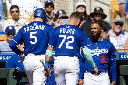 Freddie Freeman, Miguel Rojas, Teoscar Hernández, sunflower seeds celebration, 2025 Spring Training