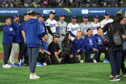 Dodgers trainer Yosuke "Possum" Nakajima, Shohei Ohtani, Seiya Suzuki, Dave Roberts, Shota Imanaga, Yoshinobu Yamamoto, Roki Sasaki, Will Ireton, Dodgers interpreter, Tokyo Series