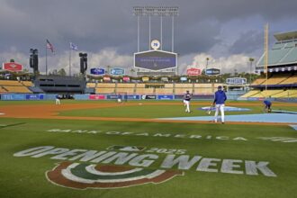 Dodgers batting practice, Dodger Stadium view, Opening Week logo