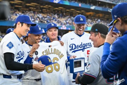 Shohei Ohtani, Mookie Betts, Bob Geren, Freddie Freeman, Clayton McCullough, Kiké Hernández, 2024 Dodgers World Series ring, MLB gold jersey