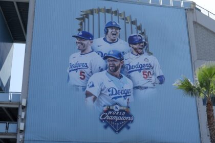 Clayton Kershaw, Freddie Freeman, Shohei Ohtani, Mookie Betts, Dodgers World Series champions logo mural