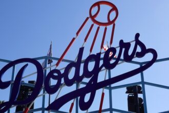 Dodgers logo, Dodger Stadium center field plaza