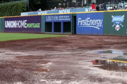 Progressive Field rain delay, warning track