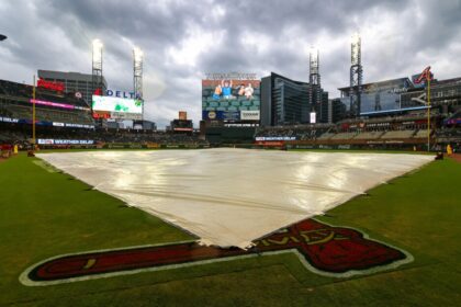 Truist Park view, tarp, rain delay