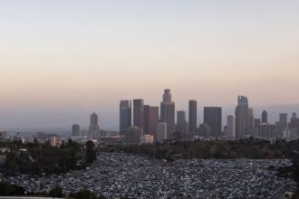 Dodger Stadium parking lot view, city skyline