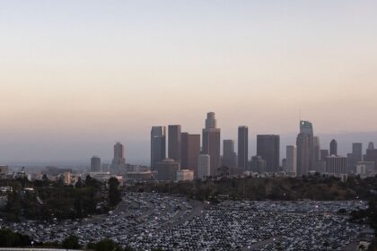 Dodger Stadium parking lot view, city skyline