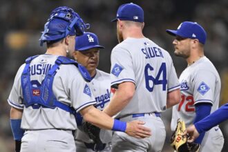 Dalton Rushing, Dave Roberts, Matt Sauer, Miguel Rojas, pitching change