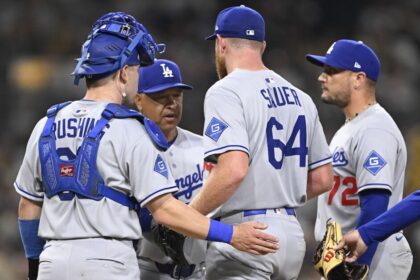 Dalton Rushing, Dave Roberts, Matt Sauer, Miguel Rojas, pitching change
