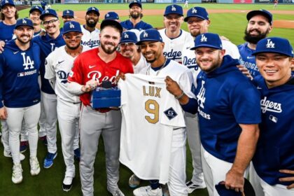 Gavin Lux, Mookie Betts, Miguel Rojas, Max Muncy, Alex Vesia, Anthony Banda, Yoshinobu Yamamoto, Tyler Glasnow, Clayton Kershaw, Freddie Freeman, Dodgers World Series ring, gold program jersey