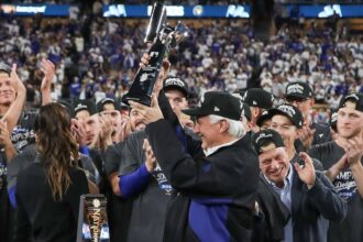 Mark Walter, Andrew Friedman, National League champions trophy, 2025 NLCS