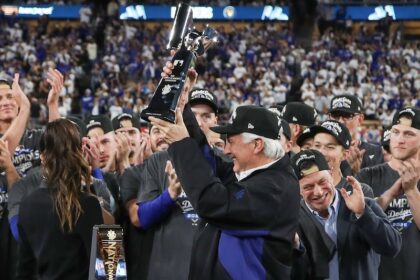 Mark Walter, Andrew Friedman, National League champions trophy, 2025 NLCS