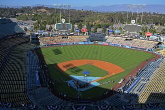 Dodger Stadium view, bunting, 2025 NLDS
