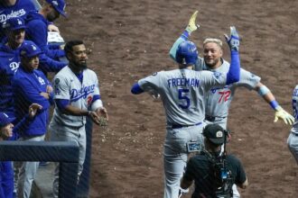 Freddie Freeman, Danny Lehmann, Miguel Rojas, Teoscar Hernández, Bob Geren, Dave Roberts, sunflower seeds celebration, 2025 NLCS