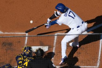 Shohei Ohtani, William Contreras, umpire James Hoye, 2025 NLCS