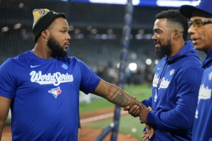 Teoscar Hernández, Vladimir Guerrero Jr., Jose Vizcaino, 2025 World Series