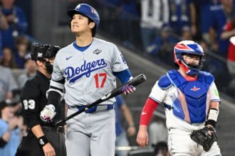 Shohei Ohtani, Alejandro Kirk, umpire Will Little, Marlins Man, 2025 World Series