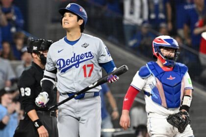 Shohei Ohtani, Alejandro Kirk, umpire Will Little, Marlins Man, 2025 World Series