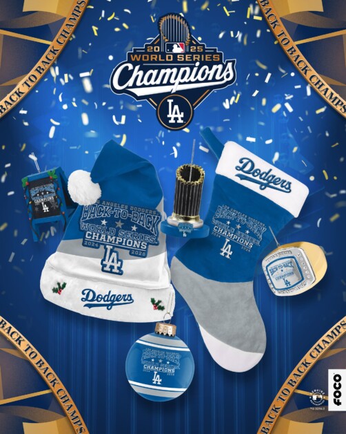 Dodgers Santa hat, Dodgers Christmas tree ornament, Dodgers World Series ring ornament, FOCO, 2025 World Series