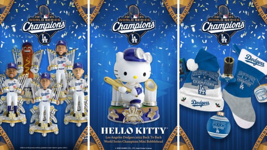 Mookie Betts, Shohei Ohtani, Clayton Kershaw, Freddie Freeman, Hello Kitty, Santa hat, Christmas tree ornament, FOCO, 2025 World Series