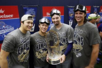 Shohei Ohtani, Yoshinobu Yamamoto, Blake Snell, Tyler Glasnow, Dodgers celebration, 2025 World Series