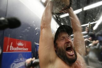 Clayton Kershaw, Dodgers celebration, 2025 World Series