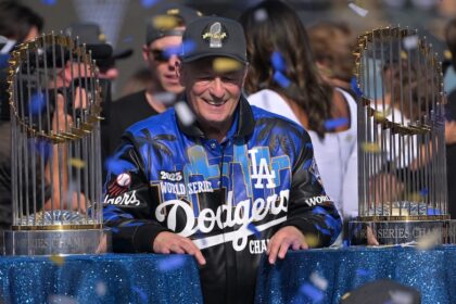 Stan Kasten, 2024 World Series trophy, 2025 World Series trophy, 2025 Dodgers World Series celebration