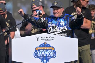Stan Kasten, Tyler Glasnow, 2025 Dodgers World Series celebration