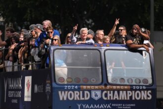 Illana Kloss, Mark Walter, Magic Johnson, Alan Smolinsky, 2025 Dodgers World Series parade