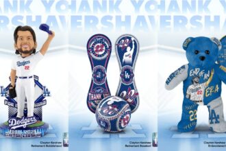 Clayton Kershaw bobblehead, commemorative baseball, embroidered bear, FOCO