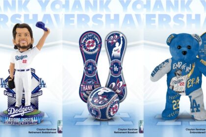 Clayton Kershaw bobblehead, commemorative baseball, embroidered bear, FOCO