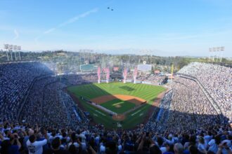 Dodger Stadium view, fireworks, flyover, Opening Day