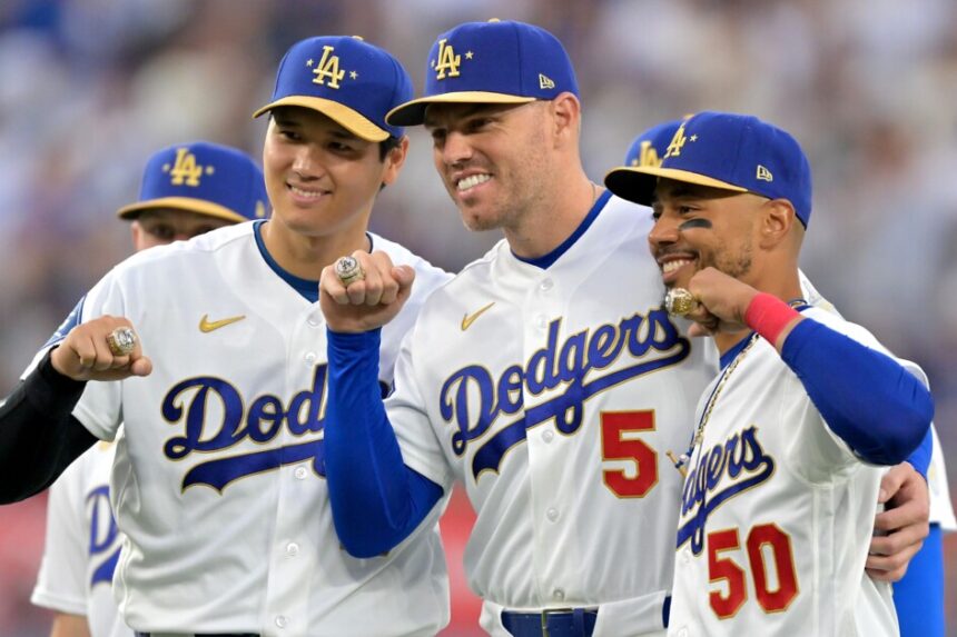 Shohei Ohtani, Freddie Freeman, Mookie Betts, Dodgers gold jersey, Dodgers World Series ring ceremony