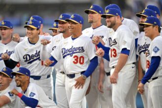 Shohei Ohani, Mookie Betts, Miguel Rojas, Blake Treinen, Max Muncy, Dodgers World Series ring ceremony