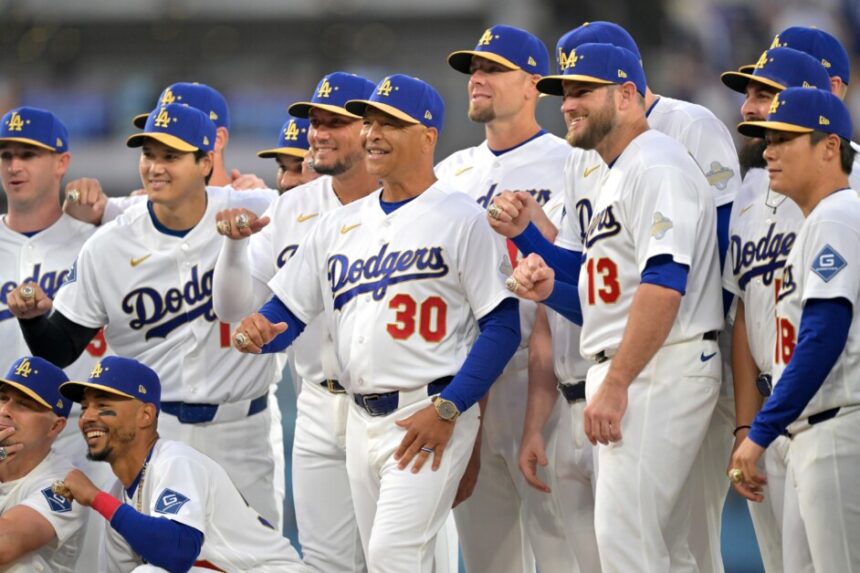 Shohei Ohani, Mookie Betts, Miguel Rojas, Blake Treinen, Max Muncy, Dodgers World Series ring ceremony