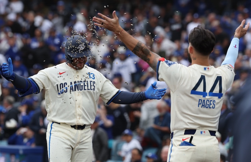 Max Muncy, Andy Pages, sunflower seeds celebration, Dodgers City Connect