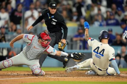 J.T. Realmuto, Andy Pages, home plate umpire James Hoye, Dodgers City Connect