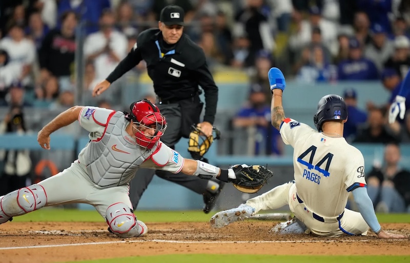 J.T. Realmuto, Andy Pages, home plate umpire James Hoye, Dodgers City Connect