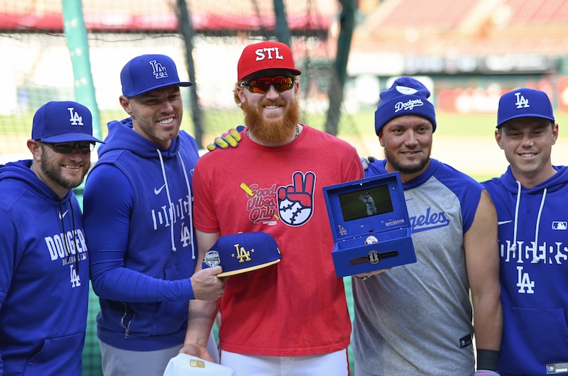 Max Muncy, Freddie Freeman, Dustin May, Miguel Rojas, Will Smith, Dodgers gold hat, 2025 Dodgers World Series ring