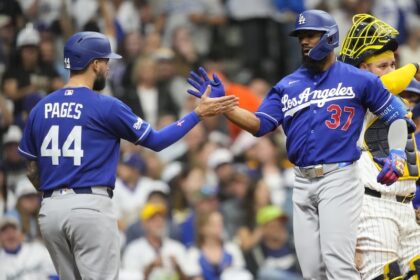 Andy Pages, Teoscar Hernández, alternate Dodgers road jersey