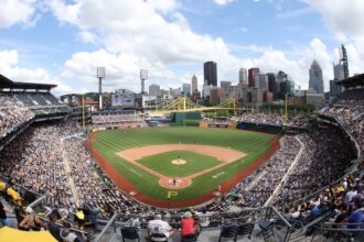 PNC Park view, Roberto Clemente Bridge, Pittsburgh skyline