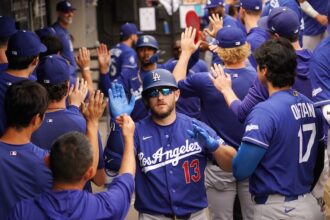 Max Muncy, Shohei Ohtani, Mookie Betts, alternate blue Dodgers road jersey