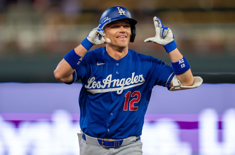 Alex Call home run celebration, alternate Dodgers road jersey