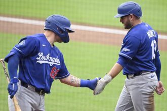Dalton Rushing, Max Muncy, alternate Dodgers road jersey
