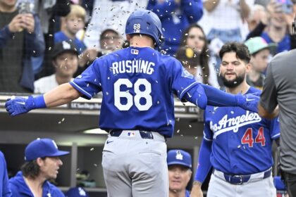 Dalton Rushing, Andy Pages, Danny Lehmann, Bob Geren, sunflower seeds celebration, alternate Dodgers road jersey