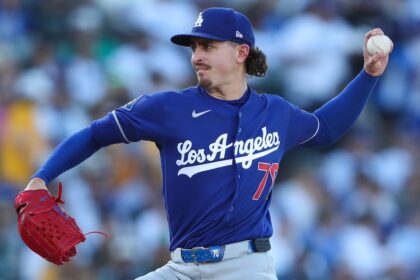 Justin Wrobleski, PitchCom, alternate Dodgers road jersey