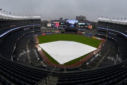 Yankee Stadium view, rain delay, tarp