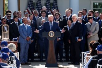 President Donald Trump, Miguel Rojas, Alex Freeland, Evan Phillips, Thomas Albert, Shohei Ohtani, Tommy Edman, Stan Kasten, Dave Roberts, Roki Sasaki, Justin Wrobleski, Emmet Sheehan, Peter Guber, Jack Dreyer, Will Klein, Lon Rosen, Freddie Freeman, Mark Walter, Dodgers White House