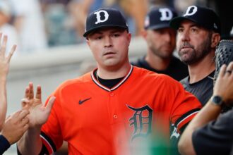 Tarik Skubal, Justin Verlander, Hall of Fame Weekend Tigers hat, Tigers alternate orange jersey