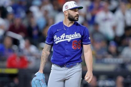 Tanner Scott, Hall of Fame Weekend Dodgers hat, alternate Dodgers blue jersey